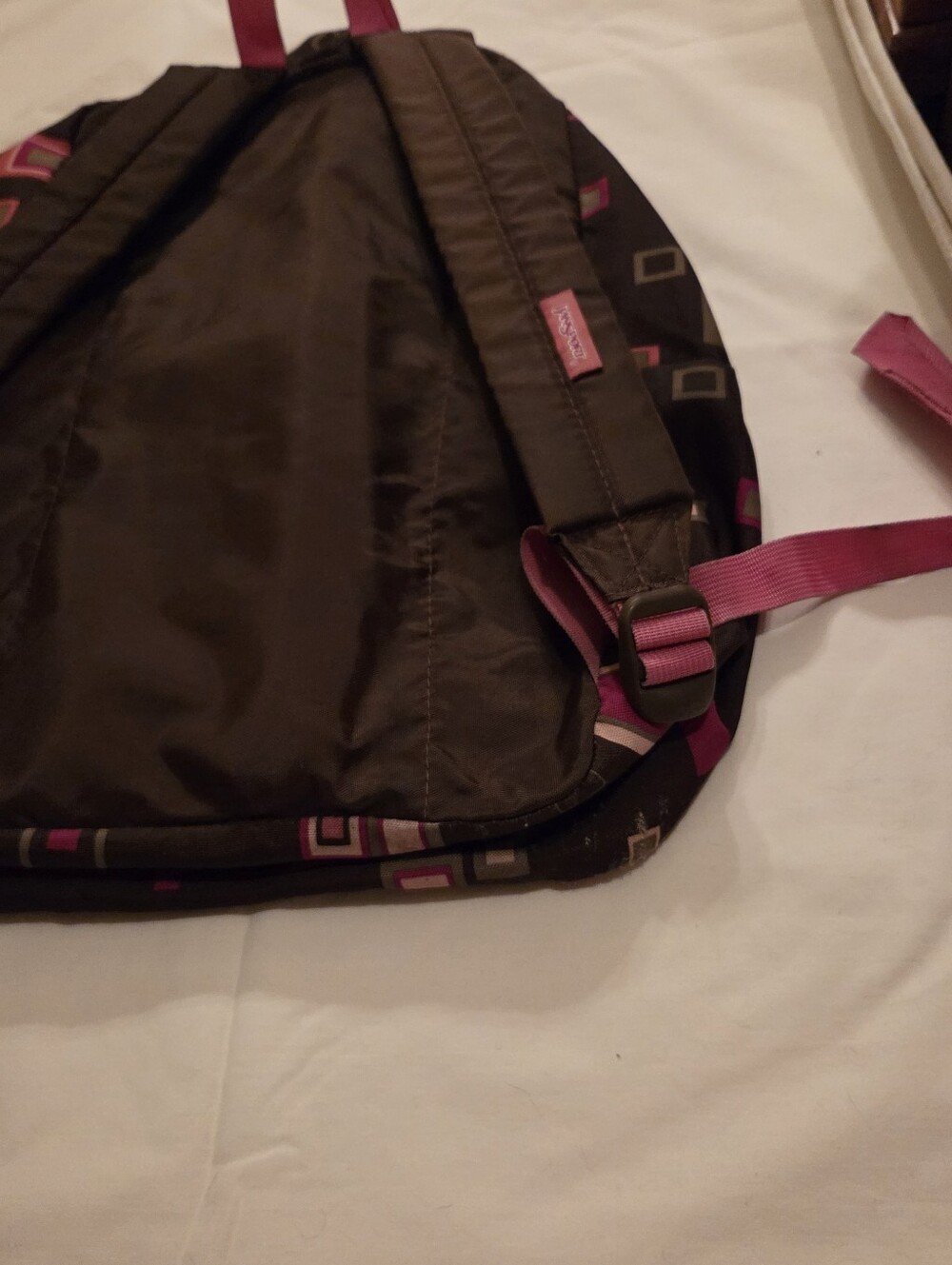 Jansport Black Backpack with Pink and Cream Geometric Squares - Picture 13 of 16